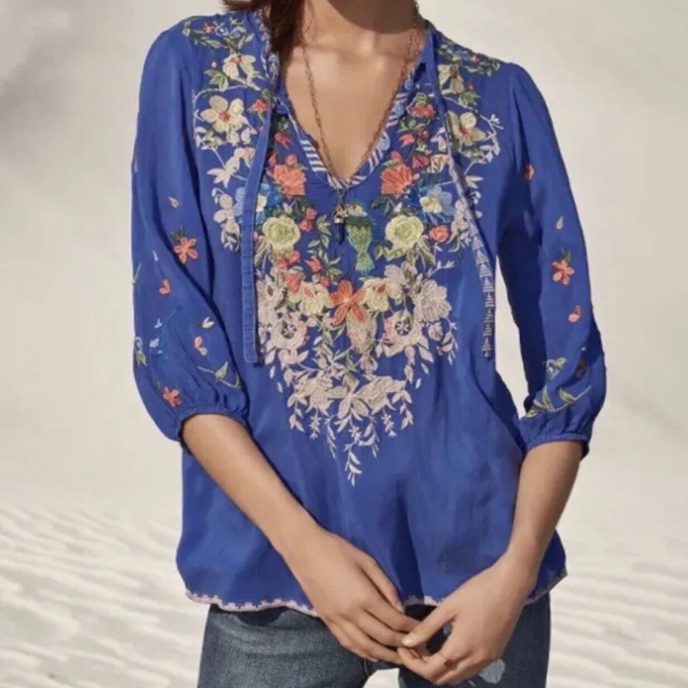 Johnny Was Blue Floral Embroidered Blouse